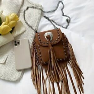 Y2K Fringe Crossbody Bag, Steampunk Chain Shoulder Bag, Trendy Studded Purse